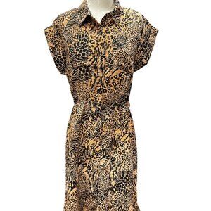 Lark & Grey Animal Print Midi Dress Medium Button Front Short Sleeve Leopard